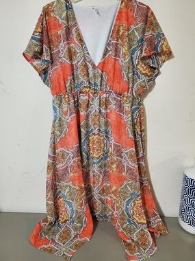 Y2k Bohemian Coral Print V-Neck Women's Flowy Dress Studio Y